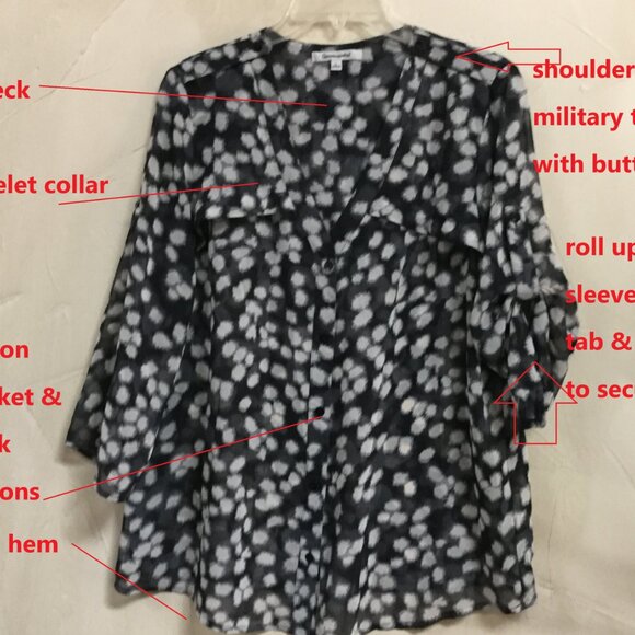 Quintessential Women Blouse Top Size L Capelet Collar Black Gray White Button - Picture 2 of 11